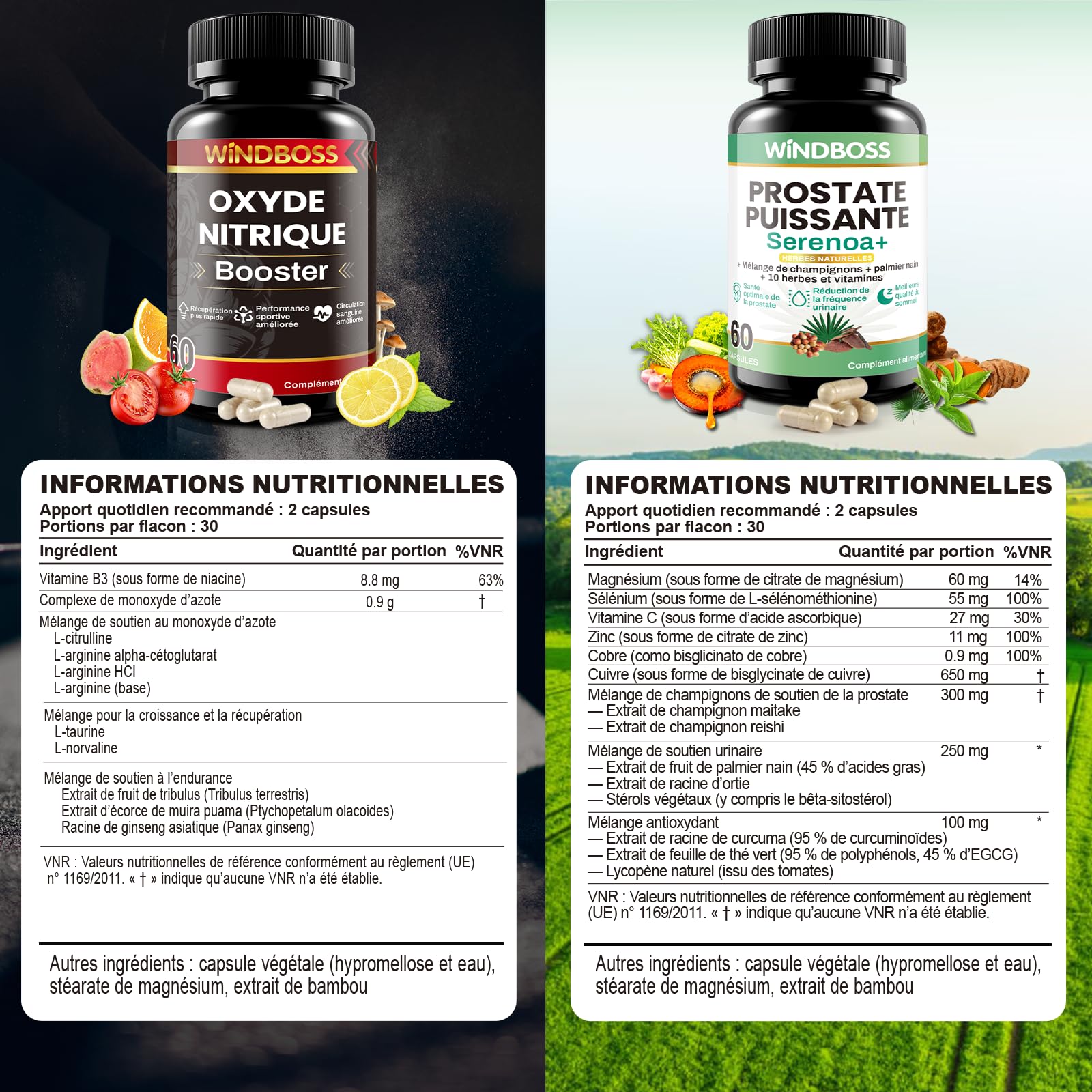 WINDBOSS Pack 2 en 1 – Booster d’Oxyde Nitrique & Complément Prostate pour Hommes – 60 Gélules Chacun – Améliore Circulation, Endurance, Santé Urinaire et Qualité du Sommeil avec