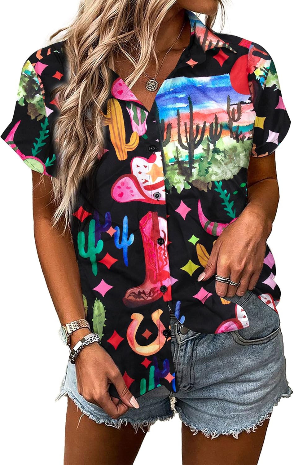 Western Shirt for Women Cowgirl Shirts Boho Graphic Button Down Country Concert Outfits Retro Cowboy Clothes Tops