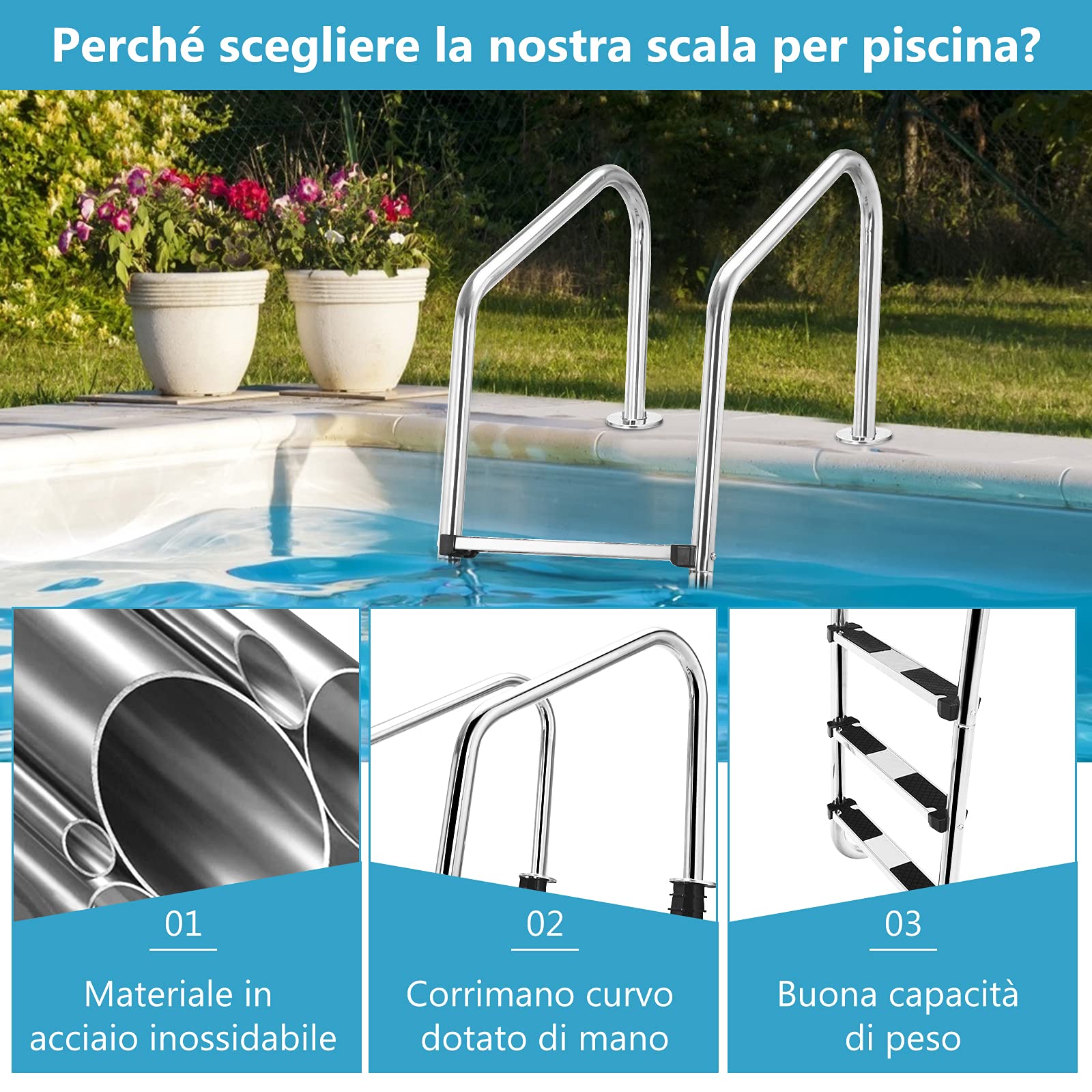 COSTWAY Scaletta per Piscina in Acciaio Inox, Scaletta Piscina con 3 gradini Antiscivolo, con Corrimano Comodo, Capacità di Carico: 150 kg