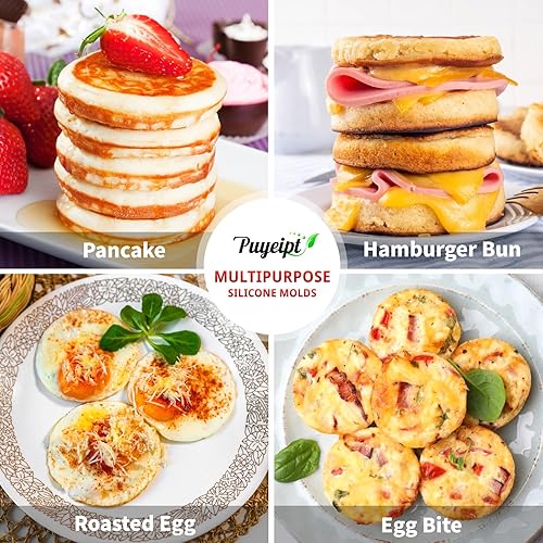 Miniatura 6 de Paquete de 2 moldes de silicona para freidora de aire, moldes redondos jumbo de 4 pulgadas para sándwiches de desayuno, bocados de huevo, bollos de