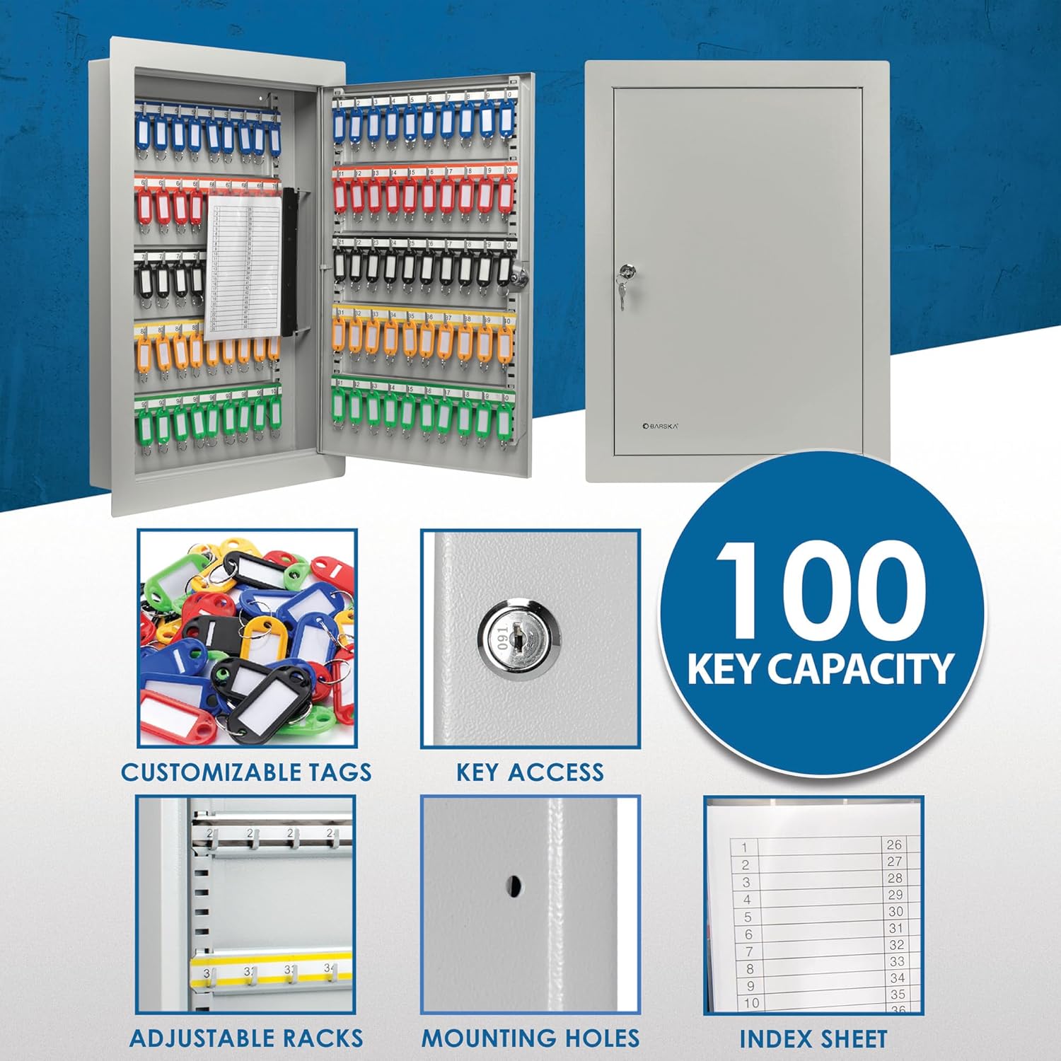 Barska 100-Key in-Wall Key Lock Box with Flange – Steel Key Cabinet with Adjustable Numbered Hooks, Colored Tags, Index Sheet & Wall Mount – Single Key Lock, Gray Finish