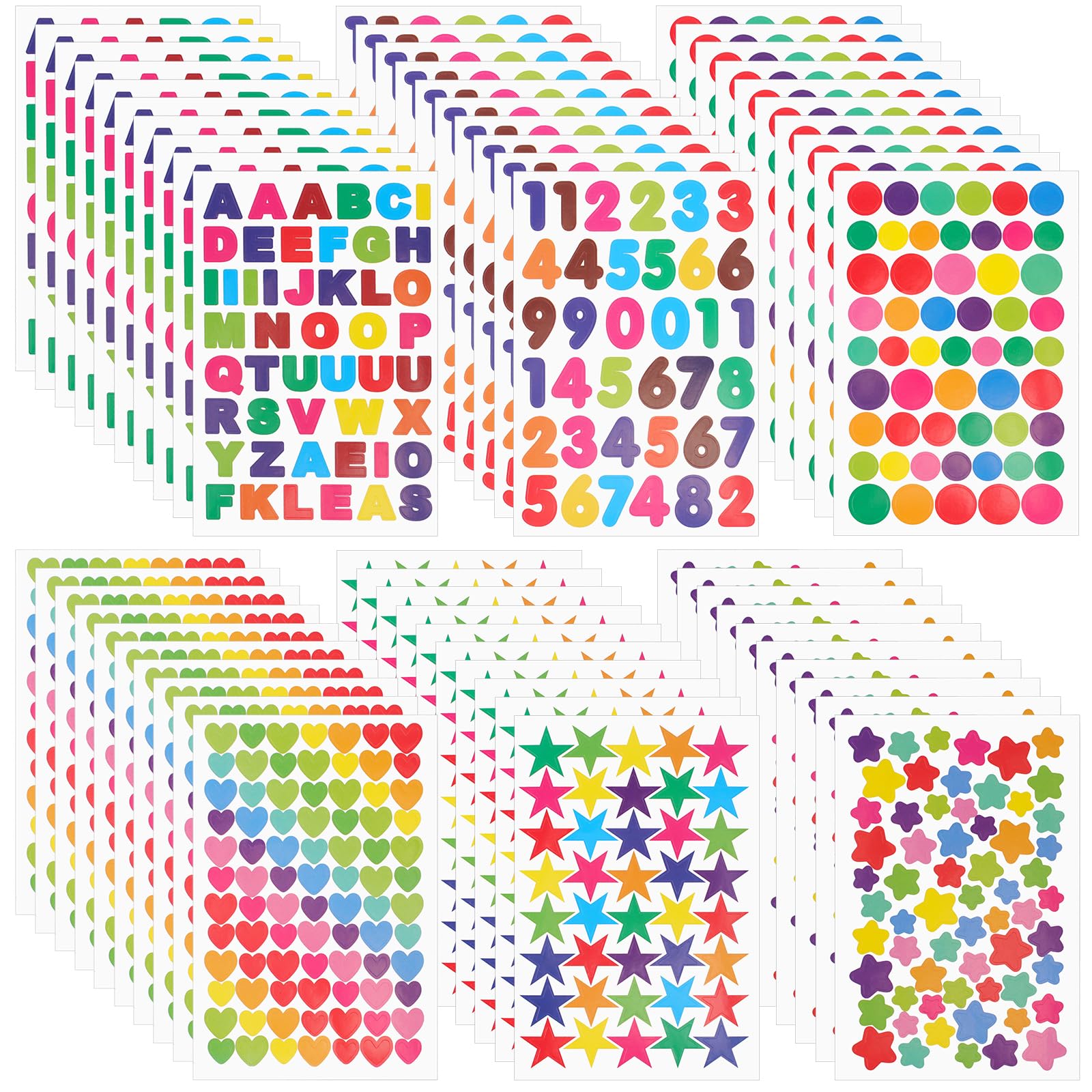 60 Sheet 3240 PCS Star Stickers for Kids, Small Kids Reward Stickers Heart Dot Alphabet Number Star Stickers Colorful Reward Chart Stickers for Kids' Handmade Scrapbook Decoration