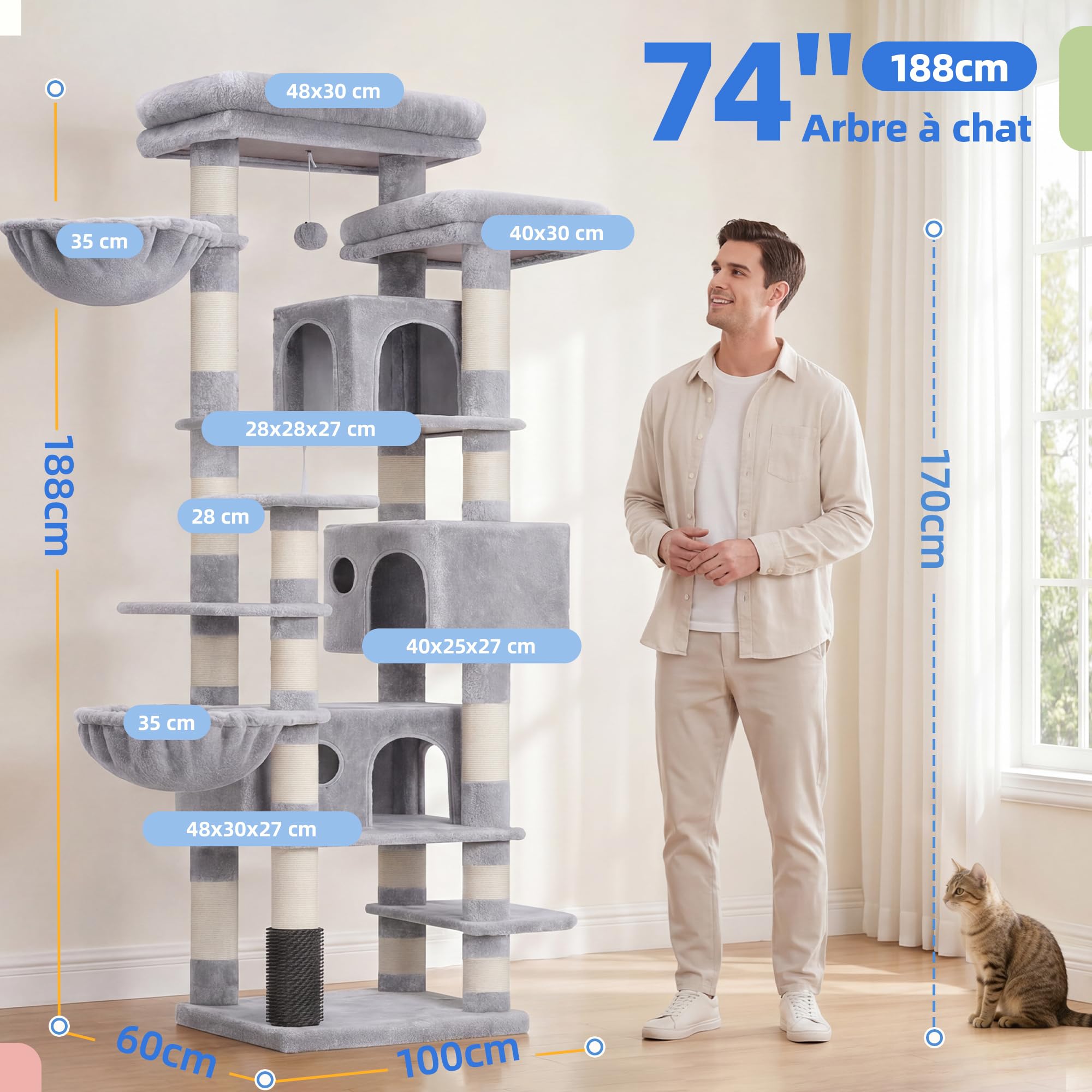 Hey-brother Arbre à Chat XXL, Arbre pour Chats Multi-Niveaux de 188 cm de Haut, équipé de 2 Grandes Plateformes, 3 Trous, 2 Paniers, des Colonnes de Sisal pour Griffer, Gris 0EMPJ035-MW