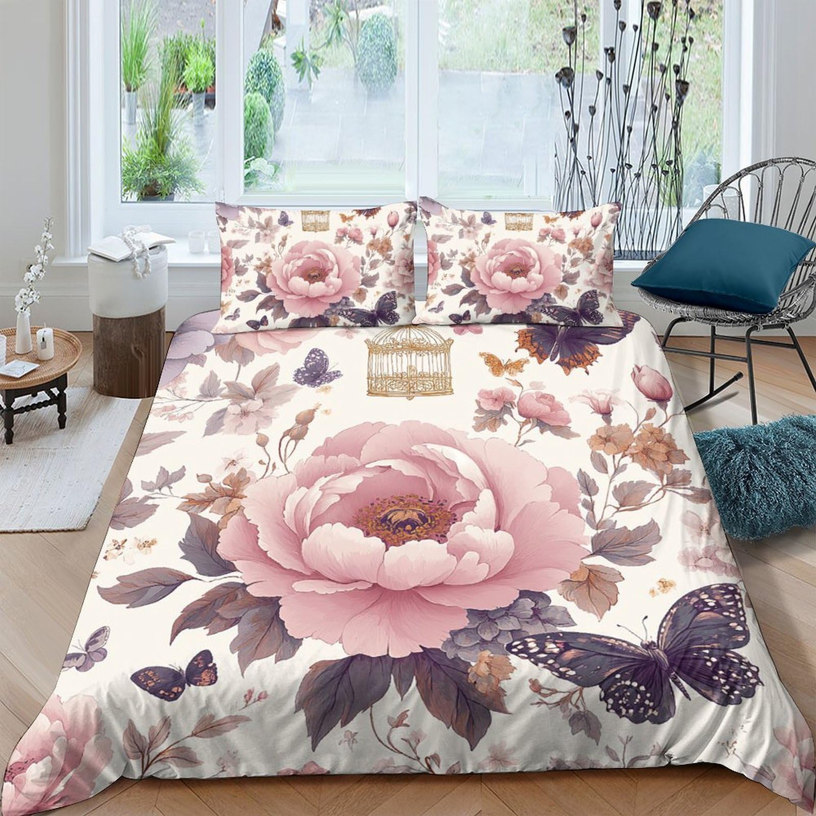 Ctjqhvkz Style-2 3D Printed Pink Peony Fitted Sheet Microfiber Floral Butterfly Bed Cover For Bedroom Guest Room Decor Easy Care Single（135X200cm）
