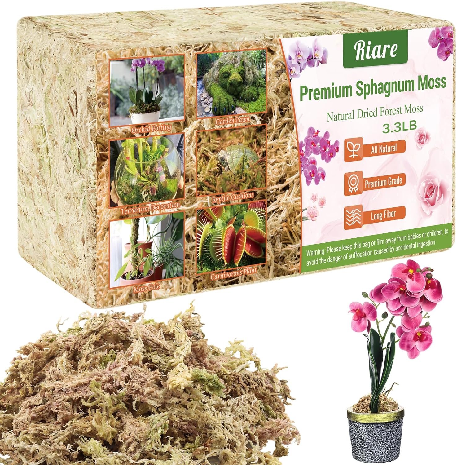 Riare 3.3 LB Premium Sphagnum Moss for Plants- 60QT Natural Long Fibered Sphagnum Peat Moss Plants Moss Dried, Carnivorous Plants Moss Orchid Potting Mix for Orchids, Carnivorous Plants, Succulent
