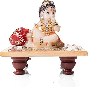 God Krishna Laddu Gopal Statue with Chauki Sculpture Idol Figurine Hand Painted Decorative Showpiece for Home Office Pooja Ghar Temple Decor and Gifting Kanha Krishna Laddu Gopal