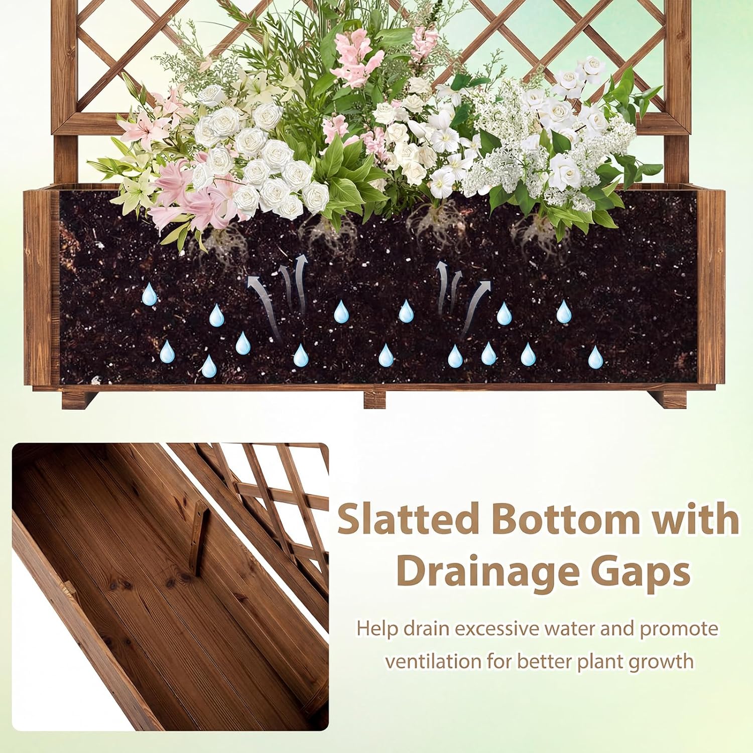 Giantex Raised Garden Bed with Trellis, 39”x14”x40” Wood Elevated Planter Box w/Drainage Hole for Climbing Vine Flower Herb Vegetable Fruit, Planting Container for Indoor Outdoor Patio Balcony
