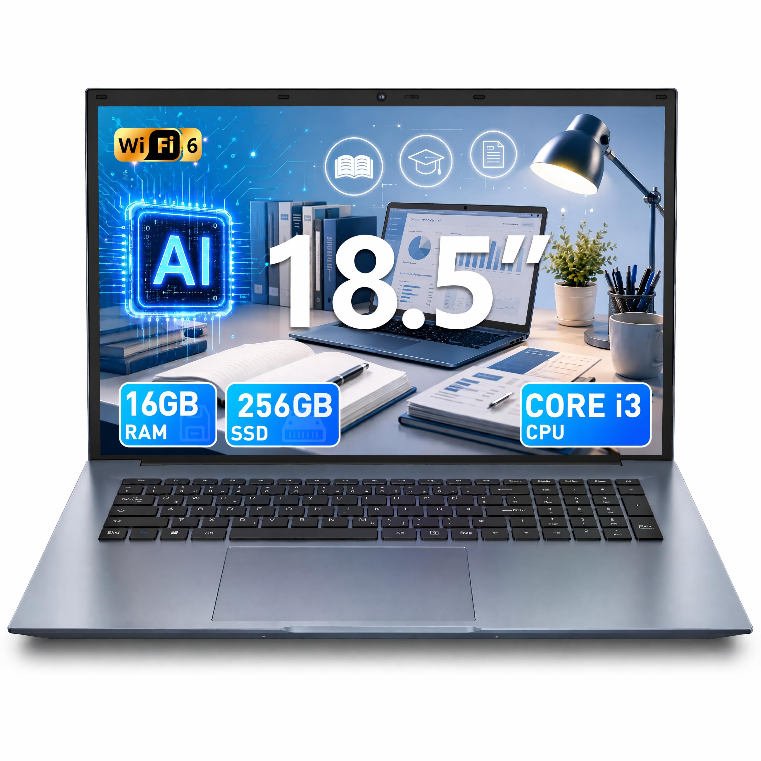 Ordenador portátil IPS Full HD de 18,5 pulgadas, 16 GB de RAM, 256 GB SSD Core i3, productividad AI, WiFi 6, Bluetooth 5.2, puerto multifunción USB-C, ideal para la oficina en casa, el estudio | Core i3, productividad AI, WiFi 6, Bluetooth 5.2, totalmente