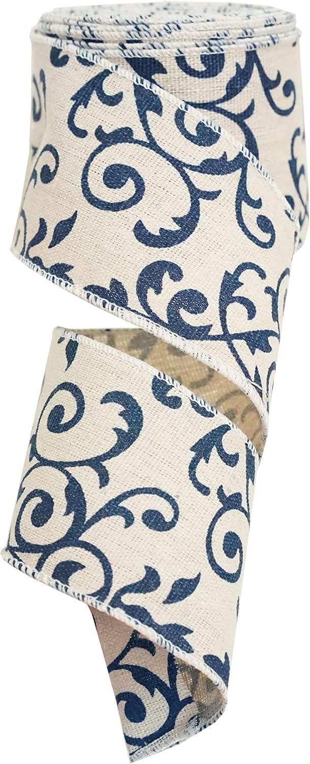 Damask Wired Ribbon, Blue and White Damask Ribbon with Wire