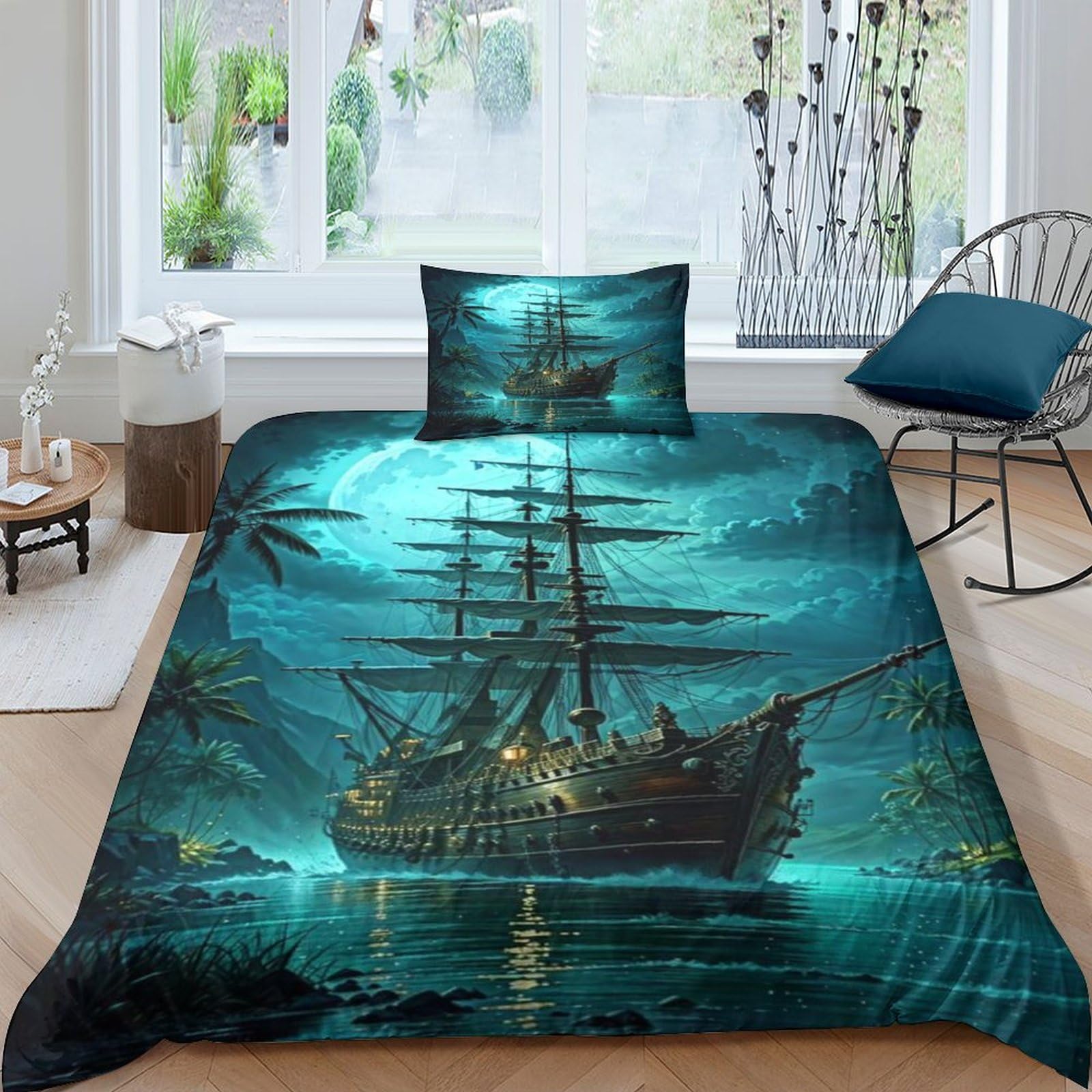 Aaharya Pirate Ship 3D Printed Duvet Cover With Pillowcases Bedding Set With Zipper Closure Hypoallergenic Soft Microfiber Quilt Cover Set Single（135X200cm）