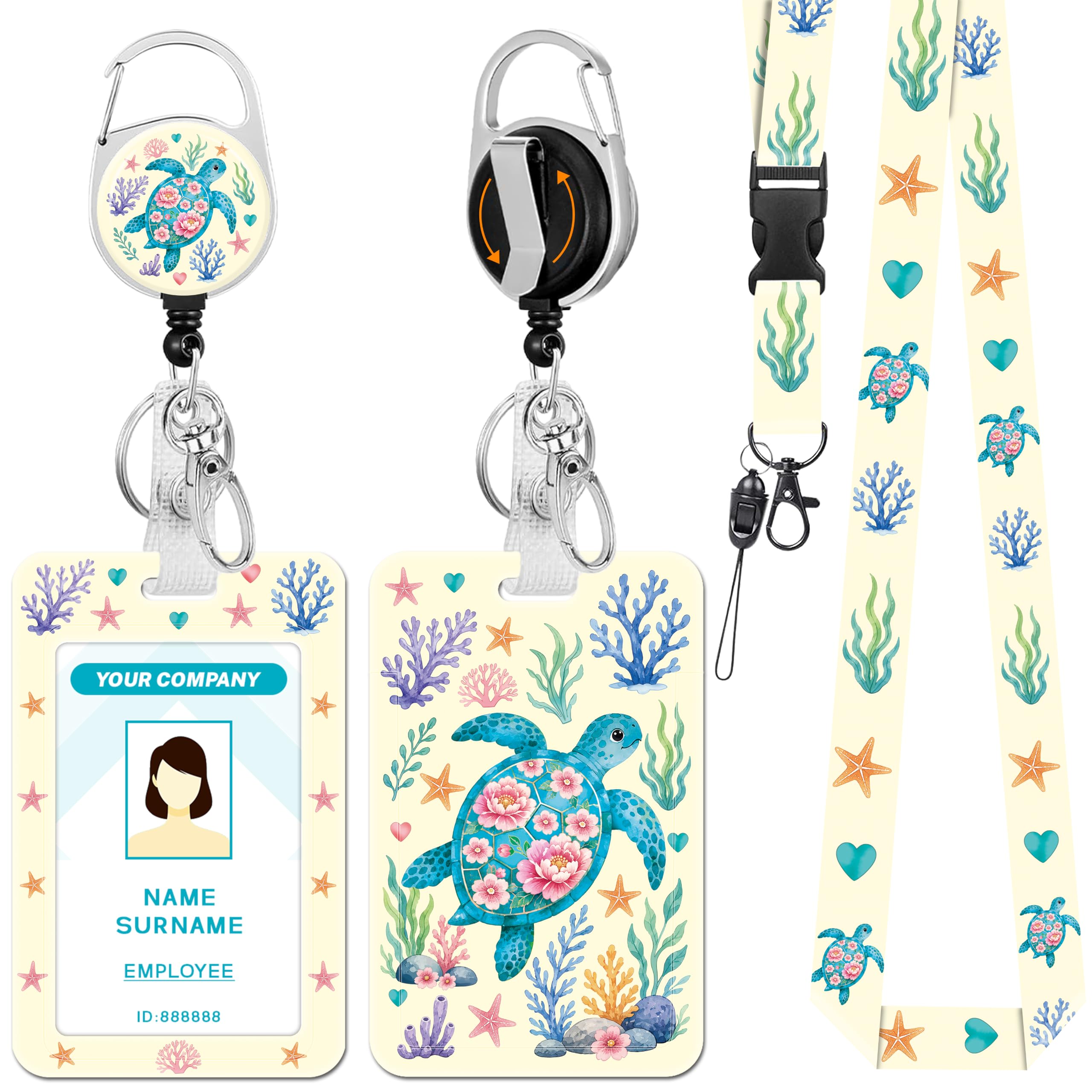 Hancynir Sea Turtle Floral Lanyard for Id Badge with Retractable Reel Clip