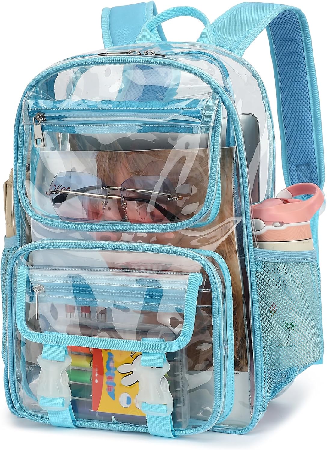 Clear School Backpack for Girls Boys, Heavy Duty PVC See Through Transparent Bookbag for Kids Women Men (Light Pink)