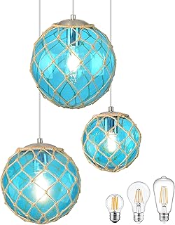 3-Light Blue Coastal Pendant Light Kitchen Island 3 Globe Glass Ocean Chandelier Beach House