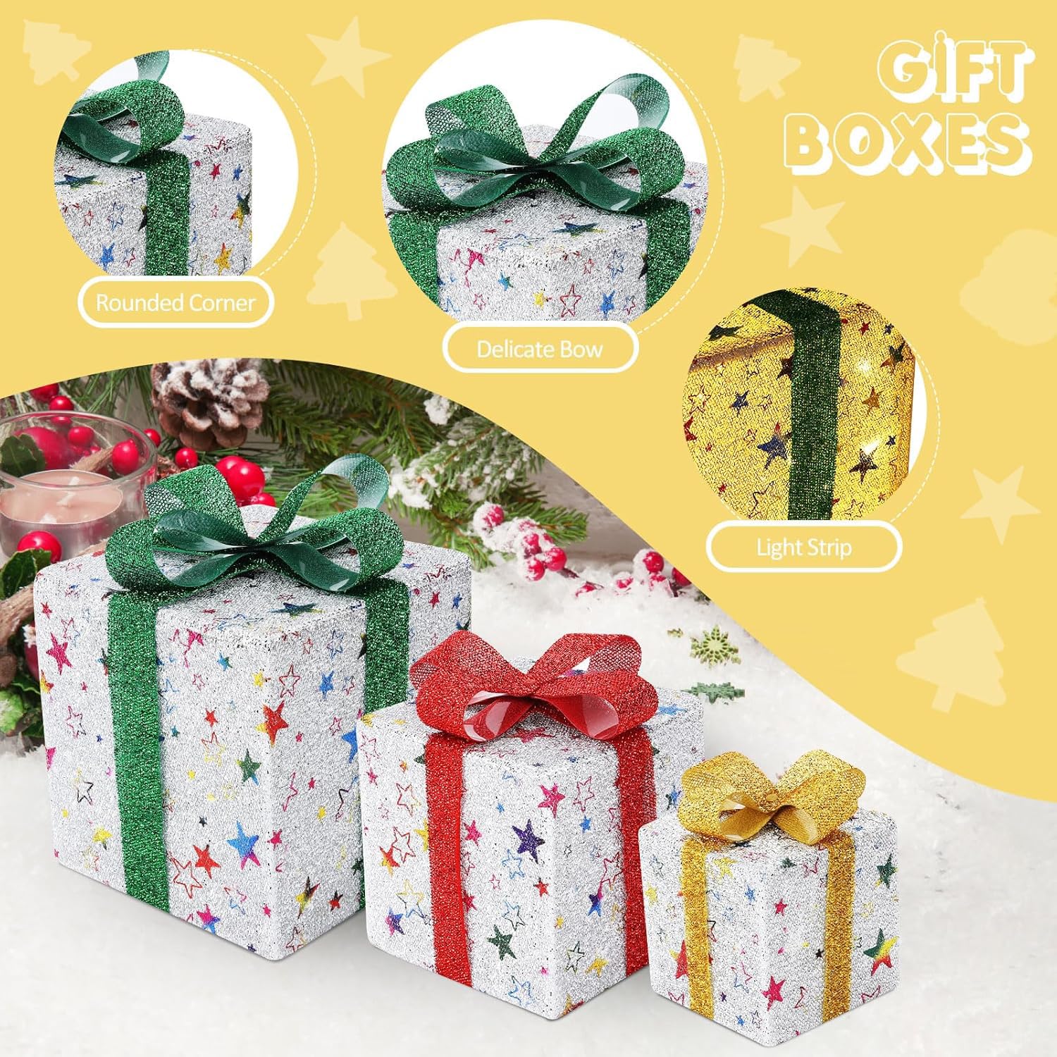 Juego de 3 Ramadan Decoracion, 50 LED Cajas de Regalo Ramadán con Luces, 8 Modos Cajas de Regalo Decorativo Estrellas con Control Temporizador, Interior para Árbol de Ramadán IP44