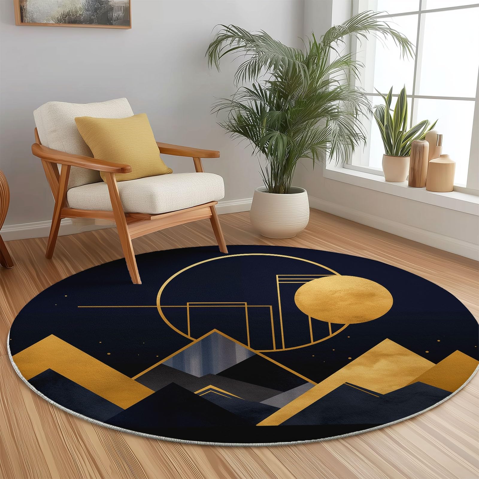 Tapis Rond en Flanelle Noir et Doré de 120 cm de Diamètre, Motif Géométrique de Lune et Triangles Abstraits, Tapis Décoratif à Poils Ras Doux et Antidérapant pour Salon Moderne, Chambre ou Balcon