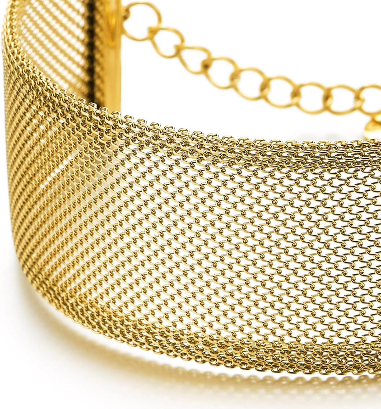 COOLSTEELANDBEYOND Wide Gold-Tone Mesh Cuff Bracelet Steel, Adjustable Chain Link, Modern Minimalist Statement Jewelry