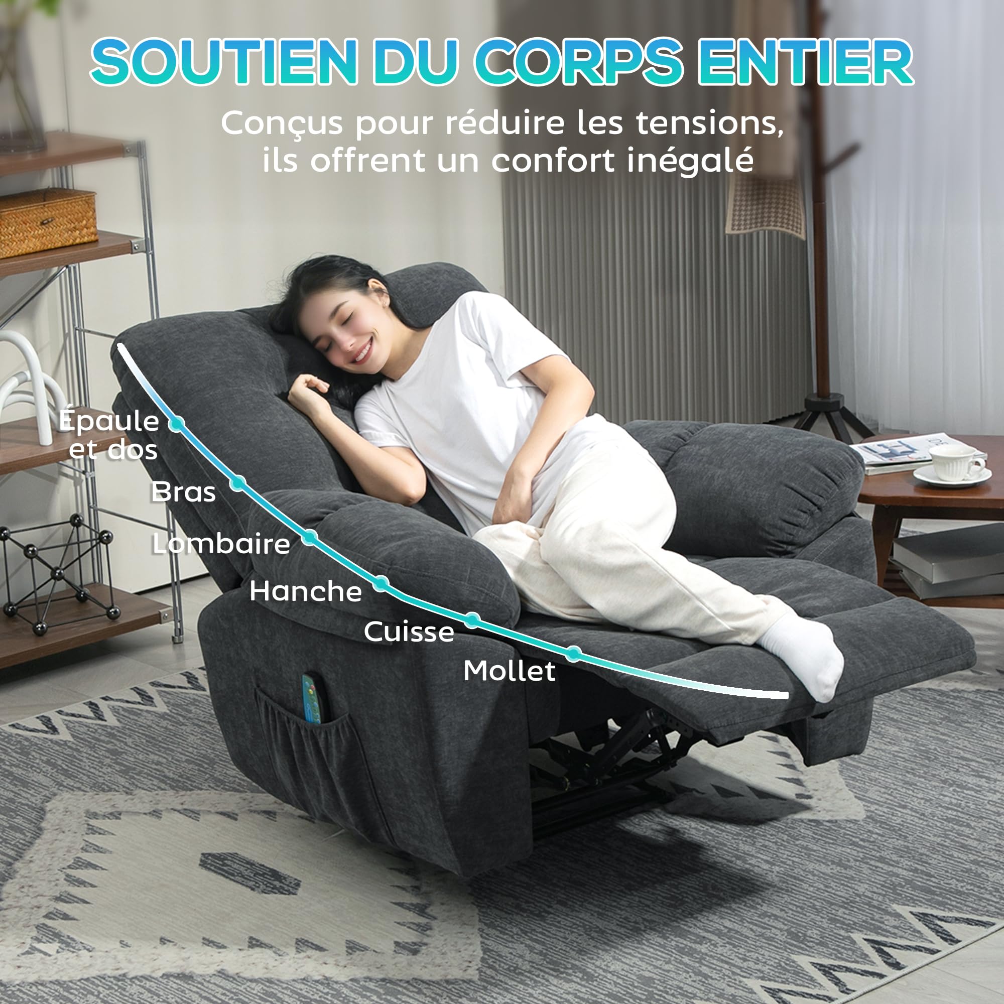 HOMCOM Fauteuil de massage fauteuil relax électrique avec vibration et chauffage, fauteuil relax inclinable manuellement, chaise TV chaise de relaxation repose-pied, télécommande, poche latérale, gris