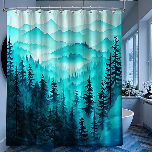 Miniatura 35 de Cortina de ducha azul marino de bosque Cortina de ducha azul oscuro de montaña y naturaleza para decoración de baño de hombres, tela impermeable con