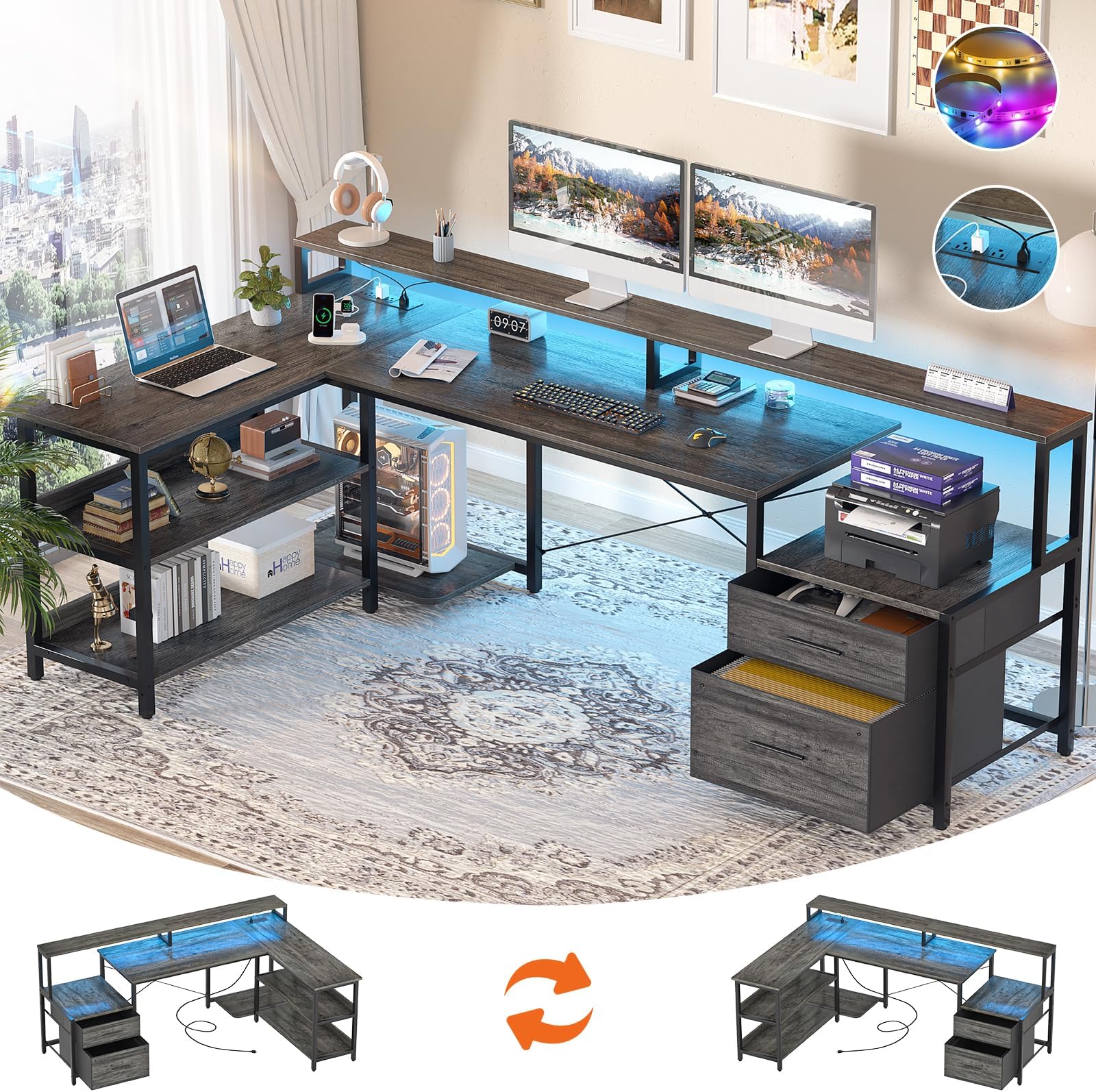 Aheaplus L Shaped Desk with File Drawer, 72.8" Reversible L Shaped Computer Desk with Power Outlet & LED Strip, Gaming Desks with Monitor Stand, Corner Office Desks with Storage Shelf, Grey Oak