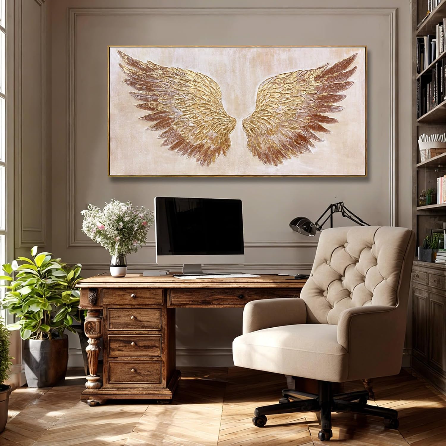 VAYIMDH Abstract Gold Bird Wall Art for Living Room Office Orange Painting Prints Modern Canvas Artwork for Bedroom Wall Decor 24"x48"