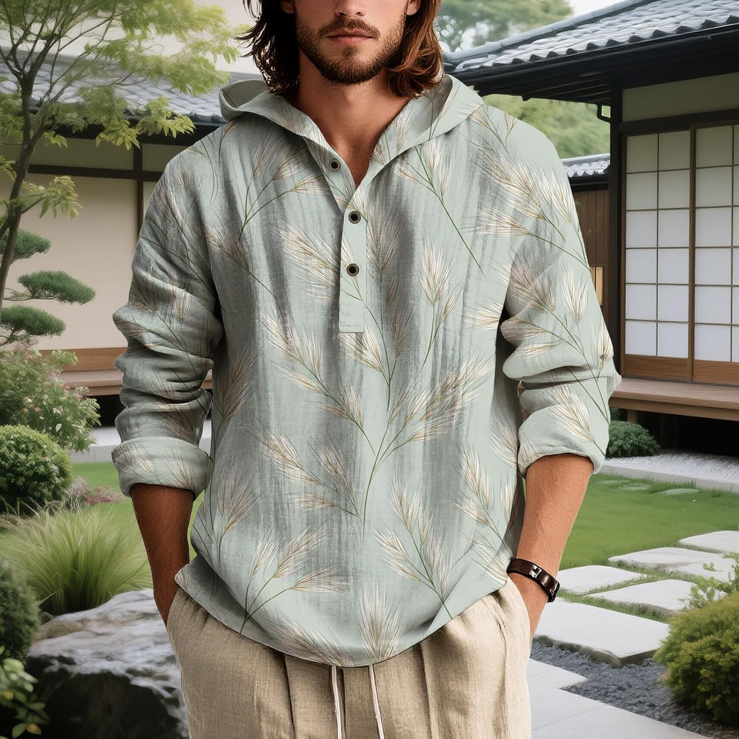 Mens Hooded Floral Button Down Shirt Long Sleeve Lightweight Relaxed Fit Nature Inspired Top for Spring - Image 3