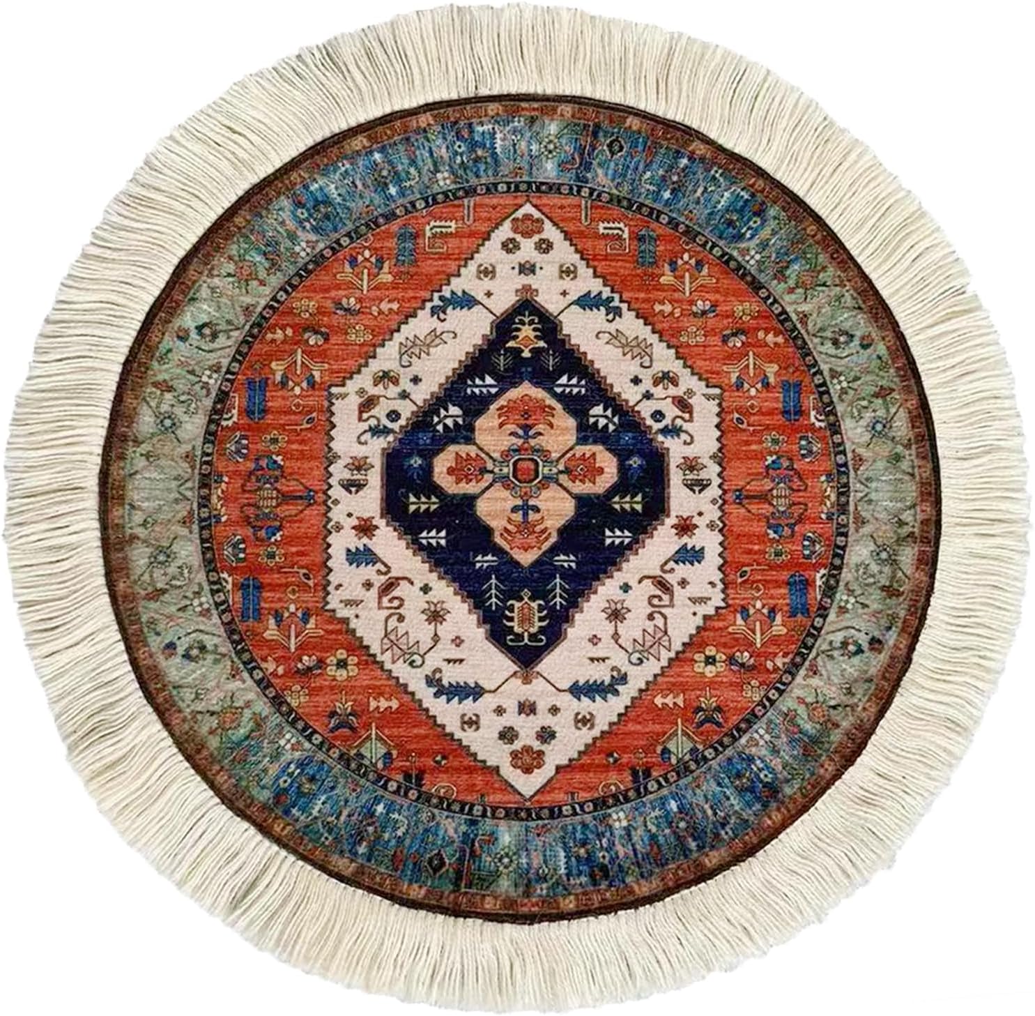 Round Persian Style Carpet Mouse Pad – Vintage Miniature Bohemian Rug Desk Pad, Non-Slip Computer Mouse Mat with Fringed Edges, Elegant Table Decor for Home & Office Accessories