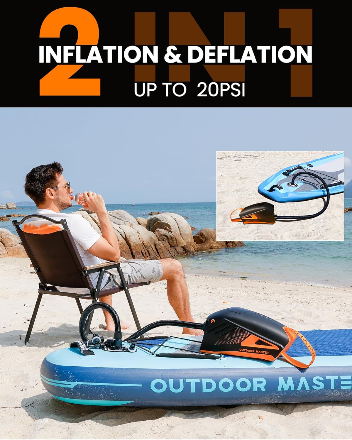 OutdoorMaster Shark 3 pump connected for deflation on a paddle board