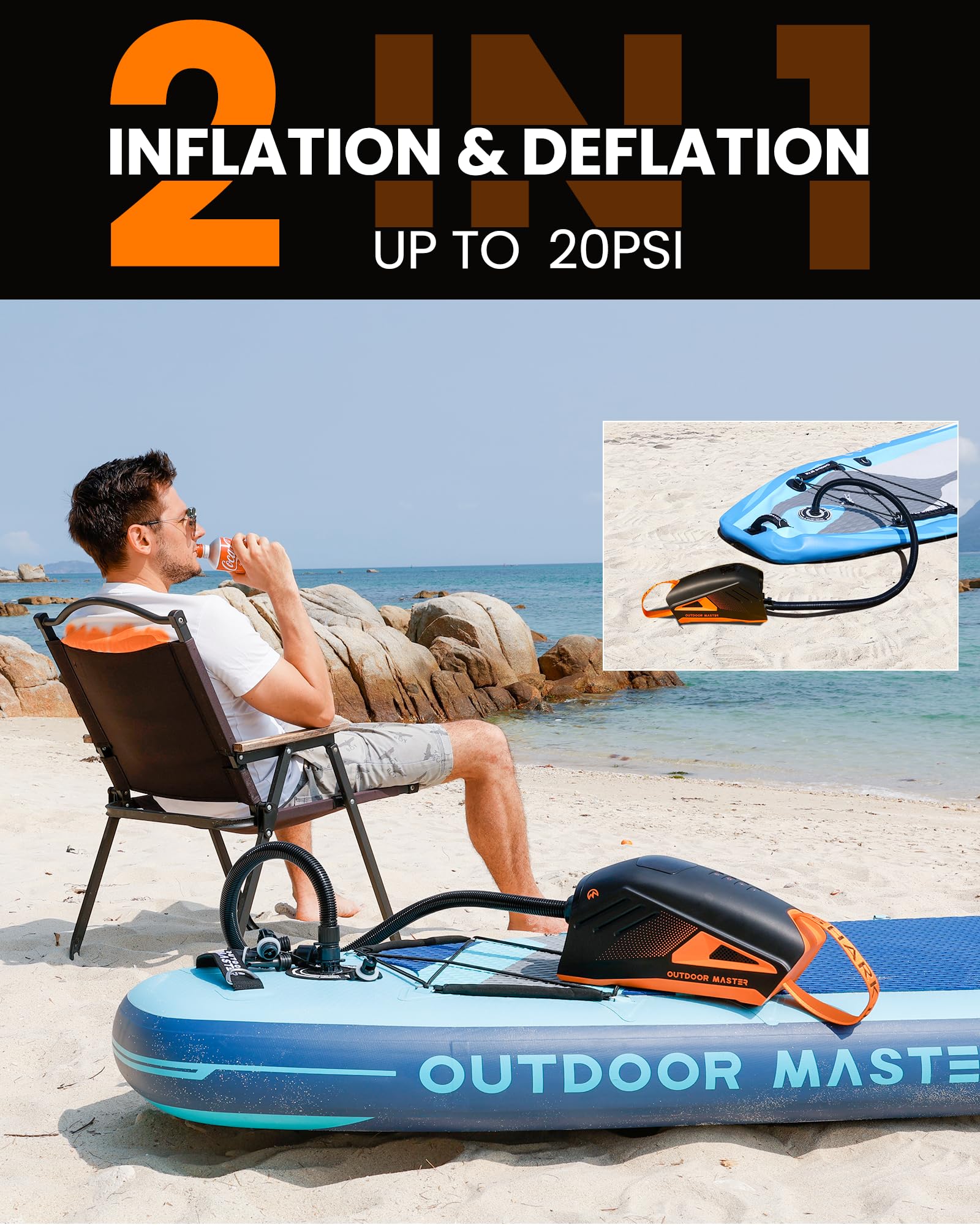 OutdoorMaster Shark 3 Pompa ad Aria Elettrica - 3'50" Gonfiaggio Rapido, 20PSI Pompa a Batteria Ricaricabile 74Wh, Auto-Off & Deflation, 12V/15.8V DC & Type-C Input, 8 Ugelli per Gommoni, Barche