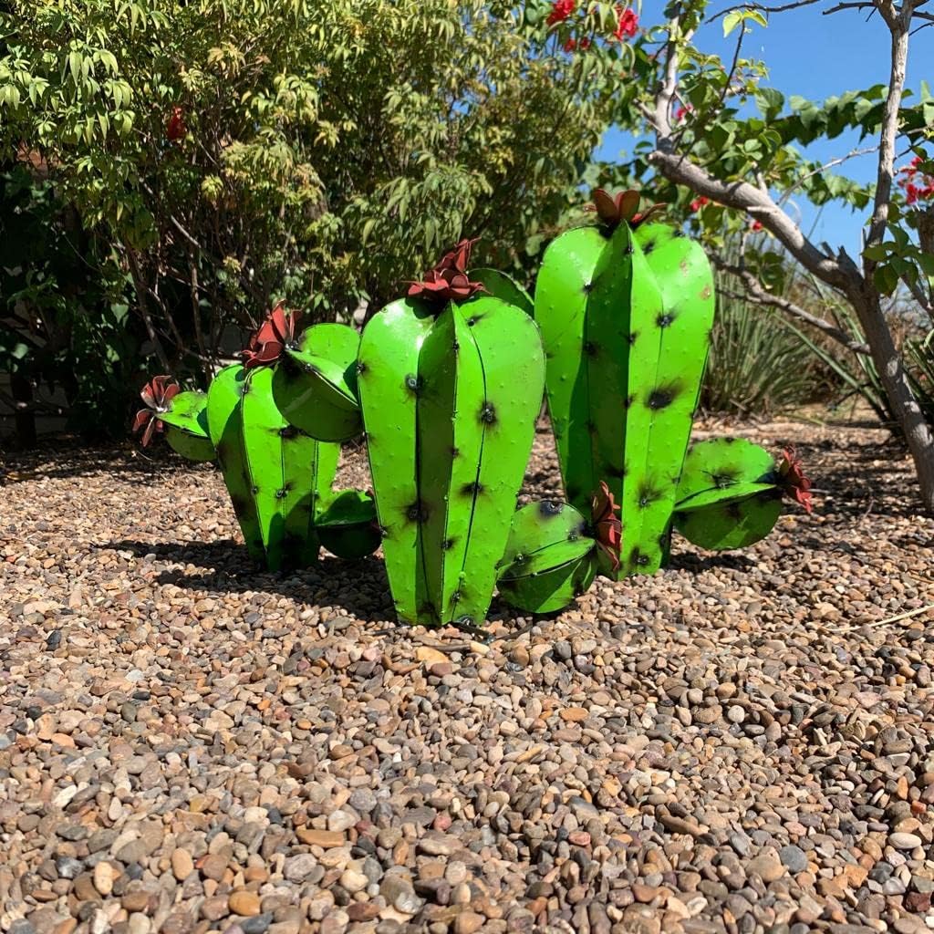 Set of 3 Handmade Metal Cactus - Garden Art, Rustic Cactus, Cactus Decor, Colorful Metal Cactus Yard Decor Desert Landscape (Lime)