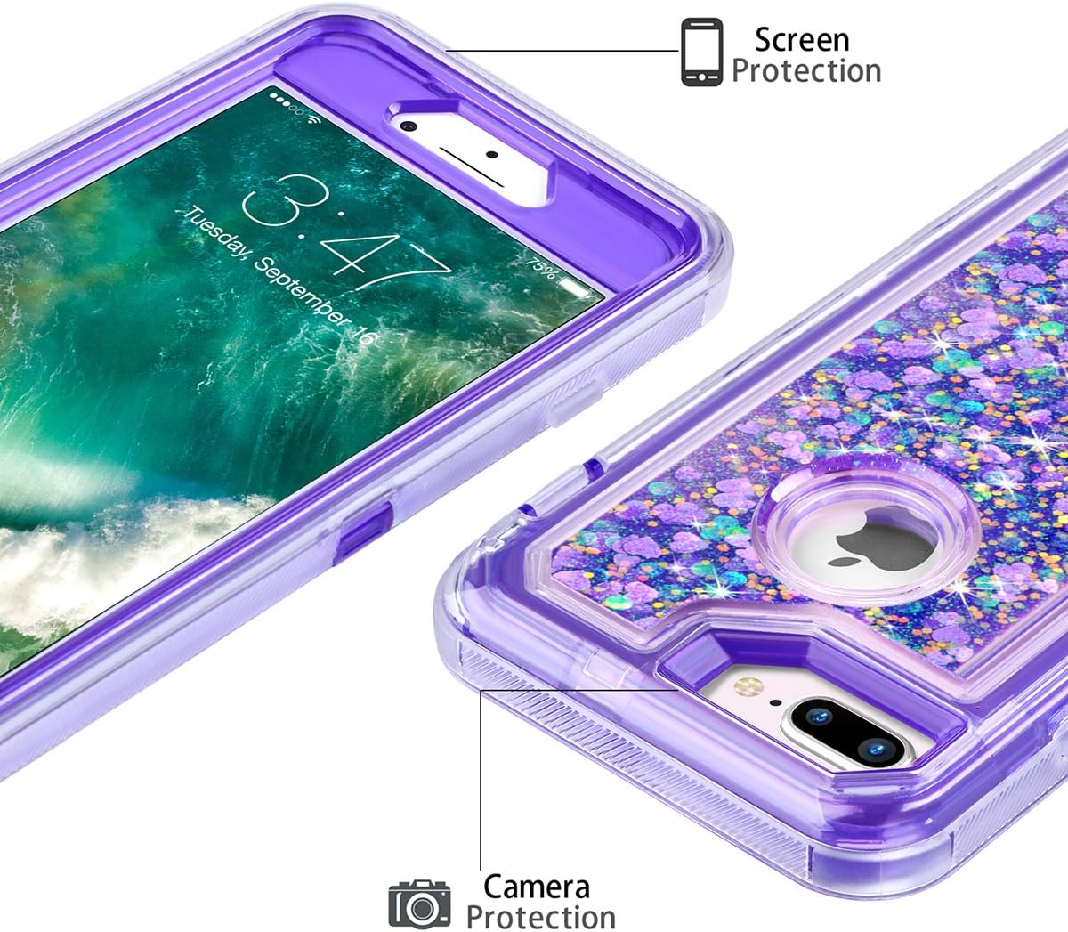 Coolden Case for iPhone 8 Plus Case Protective Glitter Case for Women Girls Cute Bling Sparkle 3D Quicksand Heavy Duty Hard Shell Shockproof TPU Case for iPhone 6s Plus 7 Plus 8 Plus, Purple