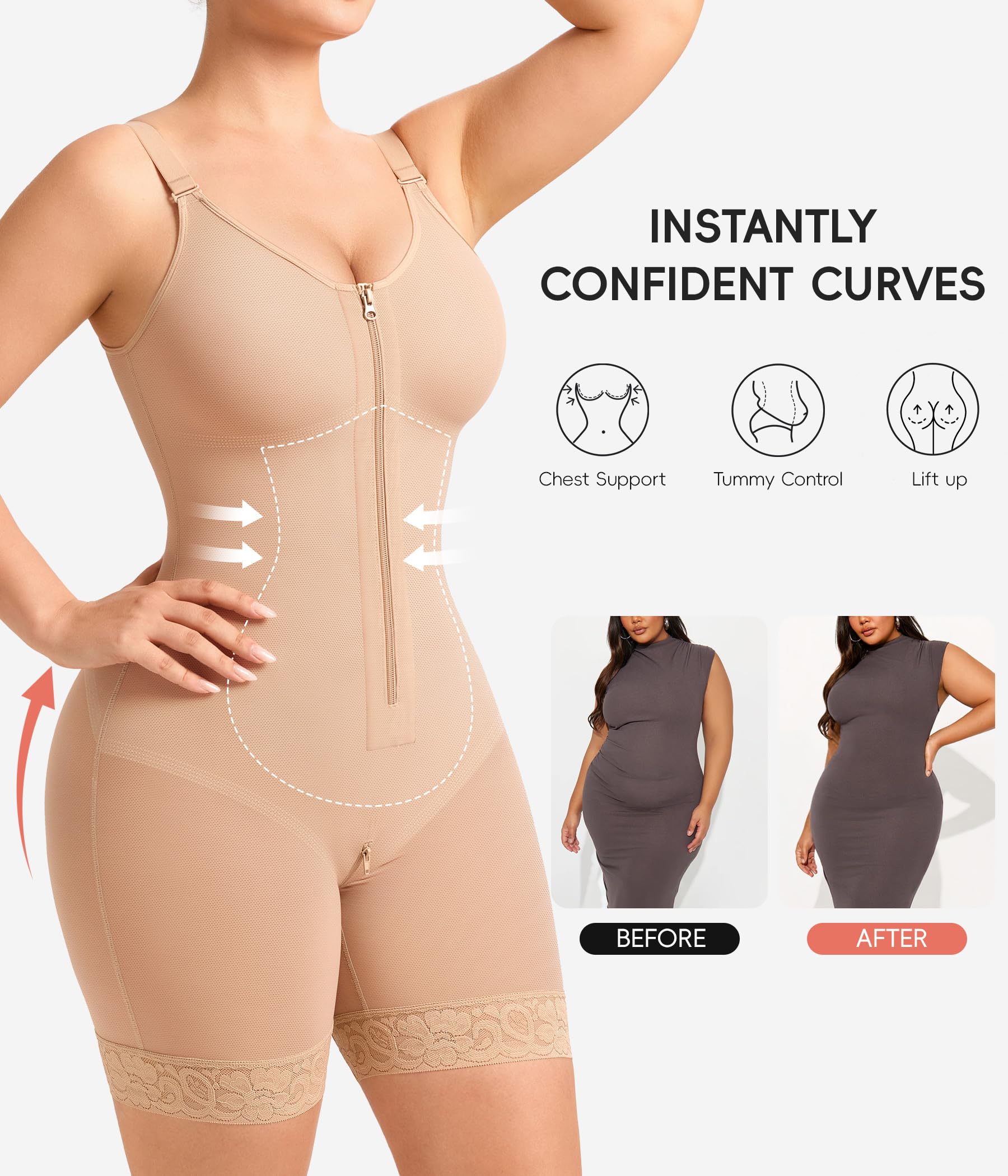 Fajas Colombiane Bodysuit Modellante Donna con Cremallera Compressione Forte Controllo Pancia, Body metà coscia con reggiseno integrato e ganci, senza cuciture per uso quotidiano e recupero posparto