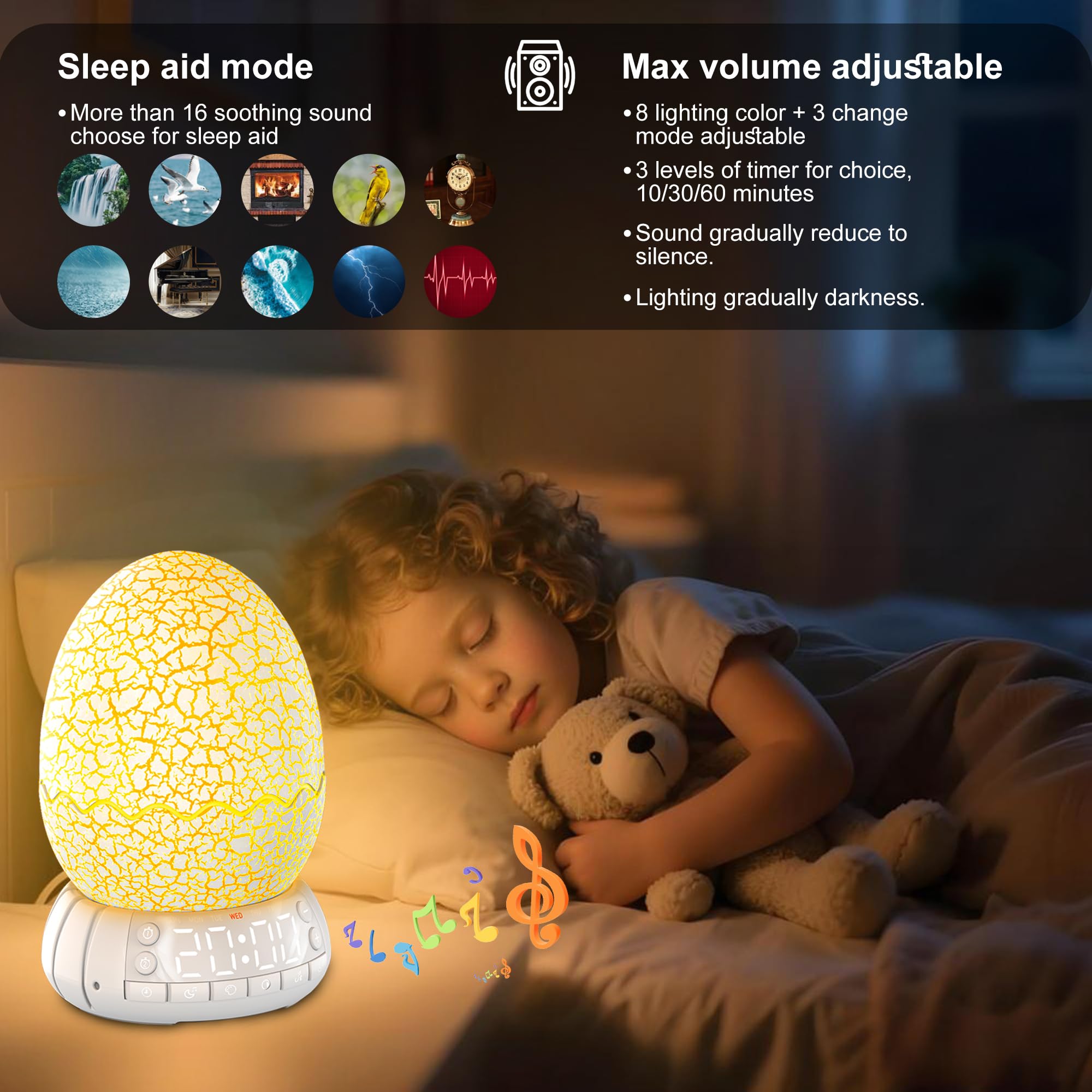 Niedlicher Dinosaurier-Ei-Wecker/Digitaluhr/Nachtlicht/Musik & weißes Rauschhilfe-Schlafmaschine/Bluetooth-Lautsprecher, Dekoration, ideale & einzigartige Lampe für Schlafzimmer/Wohnzimmer, Geschenke