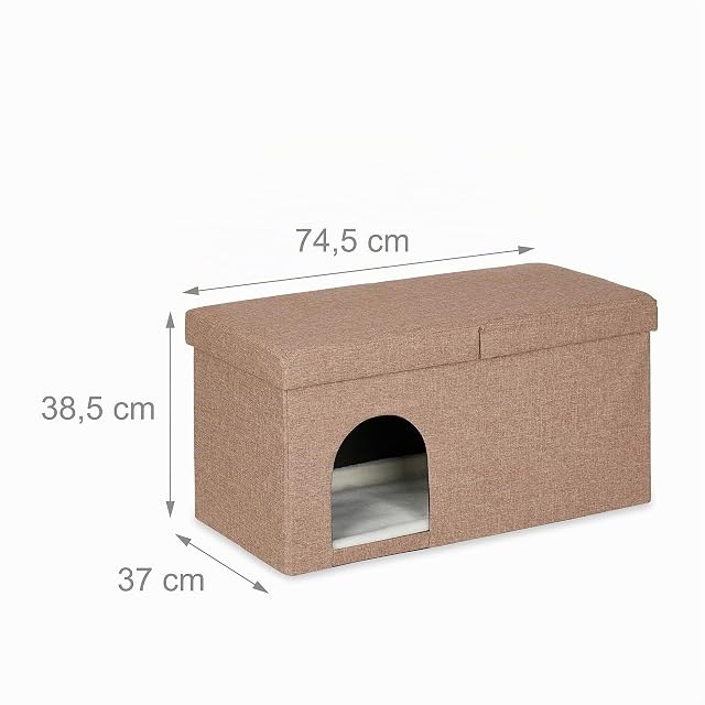 Foto 4 de 8 de Relaxdays Casa Gato Rectangular 2en1, Cueva Gatito con Banco, Escondite Mascota Plegable, 38,5x74,5x37 cm
