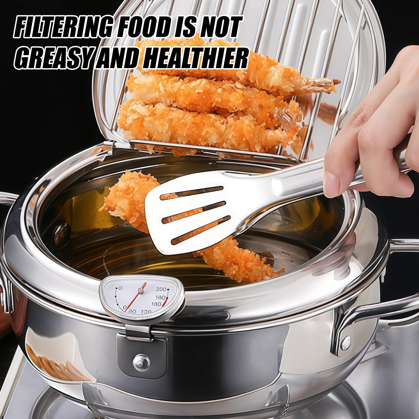 Frittiertopf Im Japanischen Stil: 304 Edelstahl Frittiertopf Mit Sieb, 2,2L Fritteuse Topf mit Thermometer, Spiegelpolierte Oberfläche Tempura Fritteuse für Pommes Frites, Hühnerflügel Und Garnelen