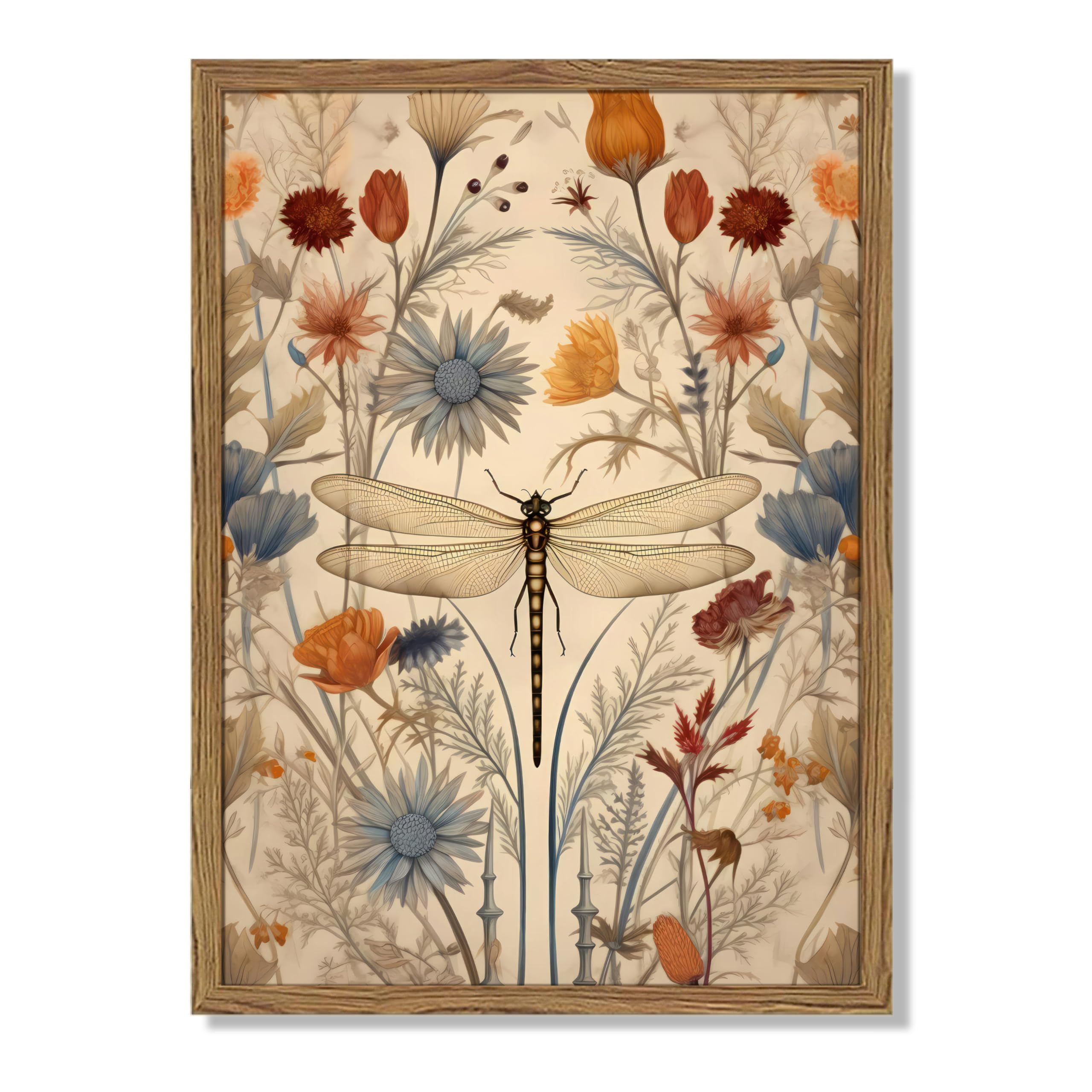 Framed Vintage Dragonfly Wall Art, Whimsical Botanical Floral Picture Wall Decor Painting, Boho Mid Century Natural Canvas Print for Living Room Bedroom Bathroom，40x60 cm