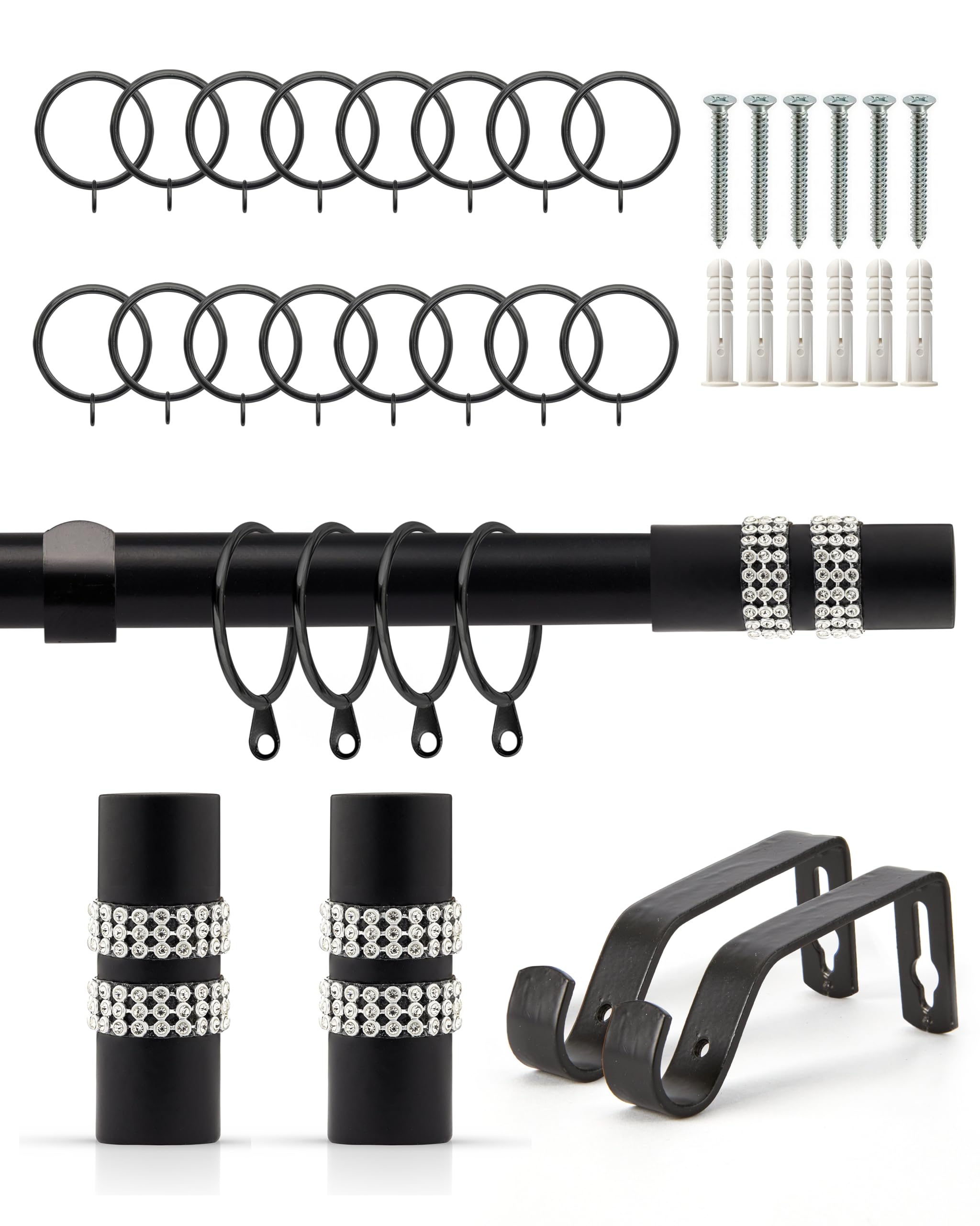 Emma Barclay Curtain Pole With Rings Extendable Diamante Black 120-210Cm