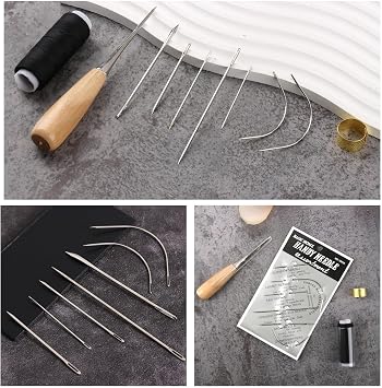 Leather Sewing Kit Leather Hand Stitching Tools Upholstery Hand Stitching Kit with Waxed Thread Needles Perforation Awl Thimble for Leather Repair DIY and Sewing