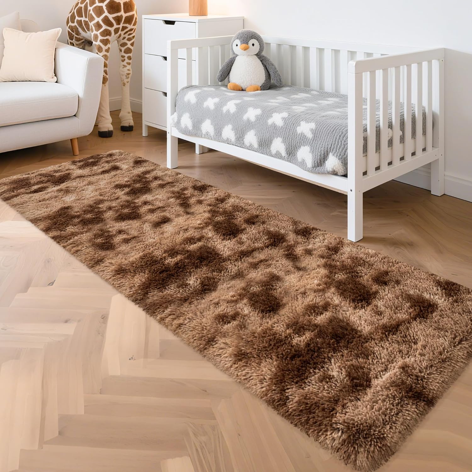 2x8 ft Plush Brown Tie Dye Rug Runner High Pile Fluffy Soft Bedside Rug Fuzzy shag Carpet for Bedroom Living Room Hallway Nursery Kids Home Decor Furry Carpet