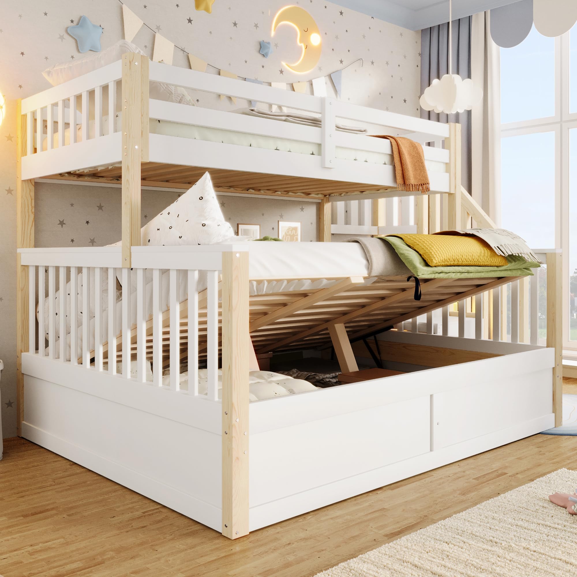 Soweiz Letto a castello, 90 x 200 cm+140 x 200 cm, culla per due bambini, idraulica, scala di stoccaggio, senza materasso (bianco + naturale)