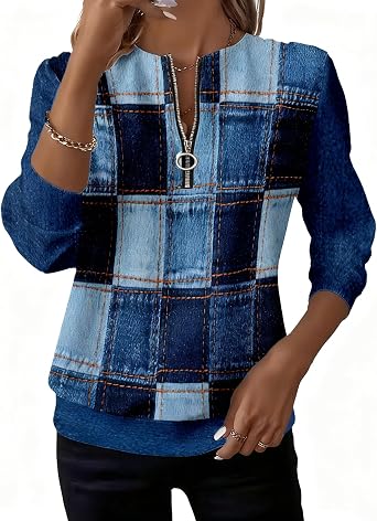 Mathea Plus Size Long Sleeve Scoop Neck Plaid Colorblock Printed Graphic Zipper Casual Tops