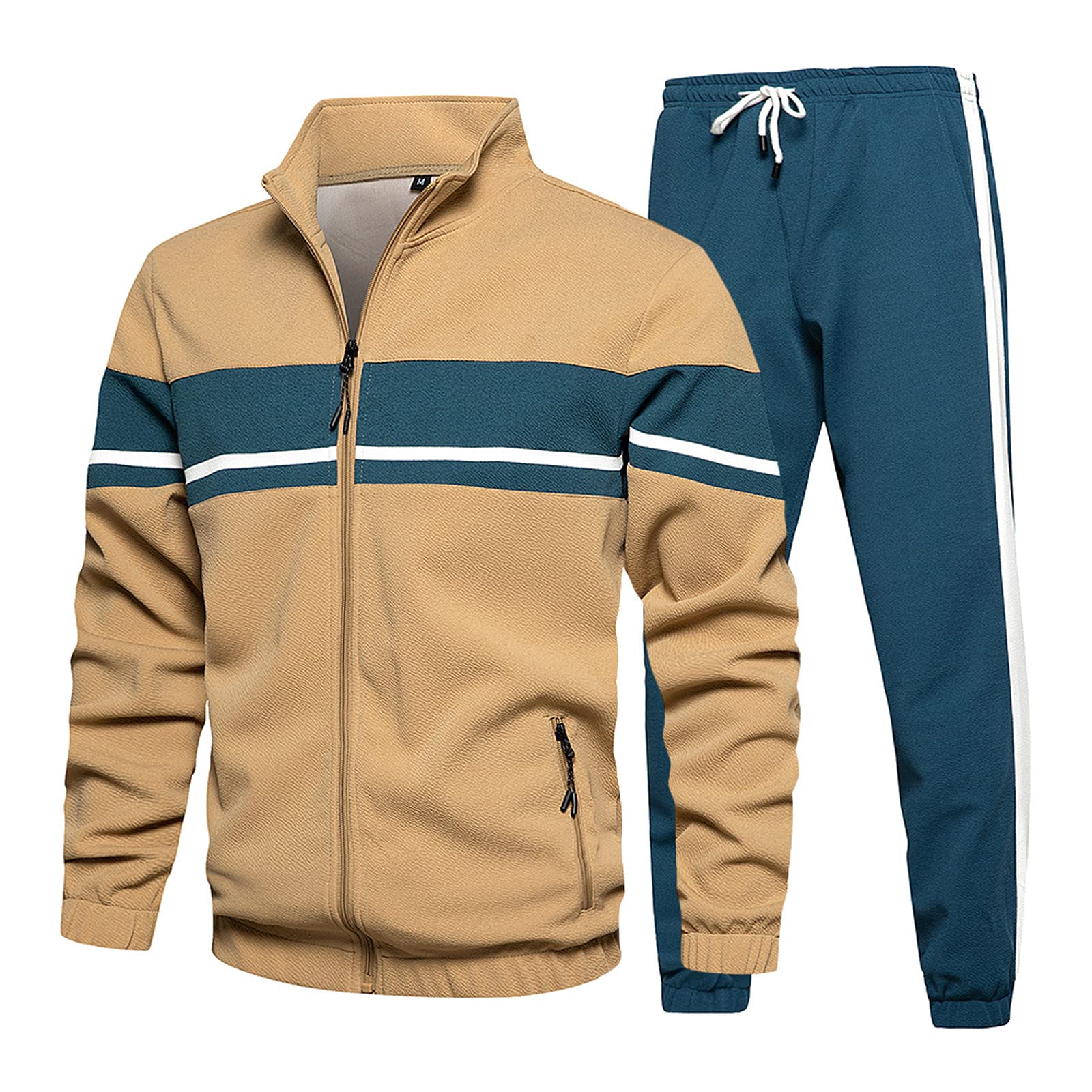 Set di tute da allenamento, da uomo, in cotone, con chiusura lampo e pantaloni da jogging, 2 pezzi, per sport all'aria aperta, con chiusura lampo, antivento, tuta sportiva