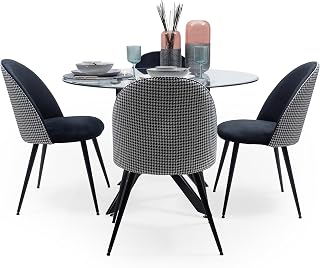 Homely - Conjunto de Comedor DAVINIA Dalila | Diseño Moderno | Mesa Comedor Cristal |110 cm diámetro | 4 sillas | Patas de Metal Color Negro | Comedor, Salón, Cocina, Sala | Tela Color Blanco y Negro