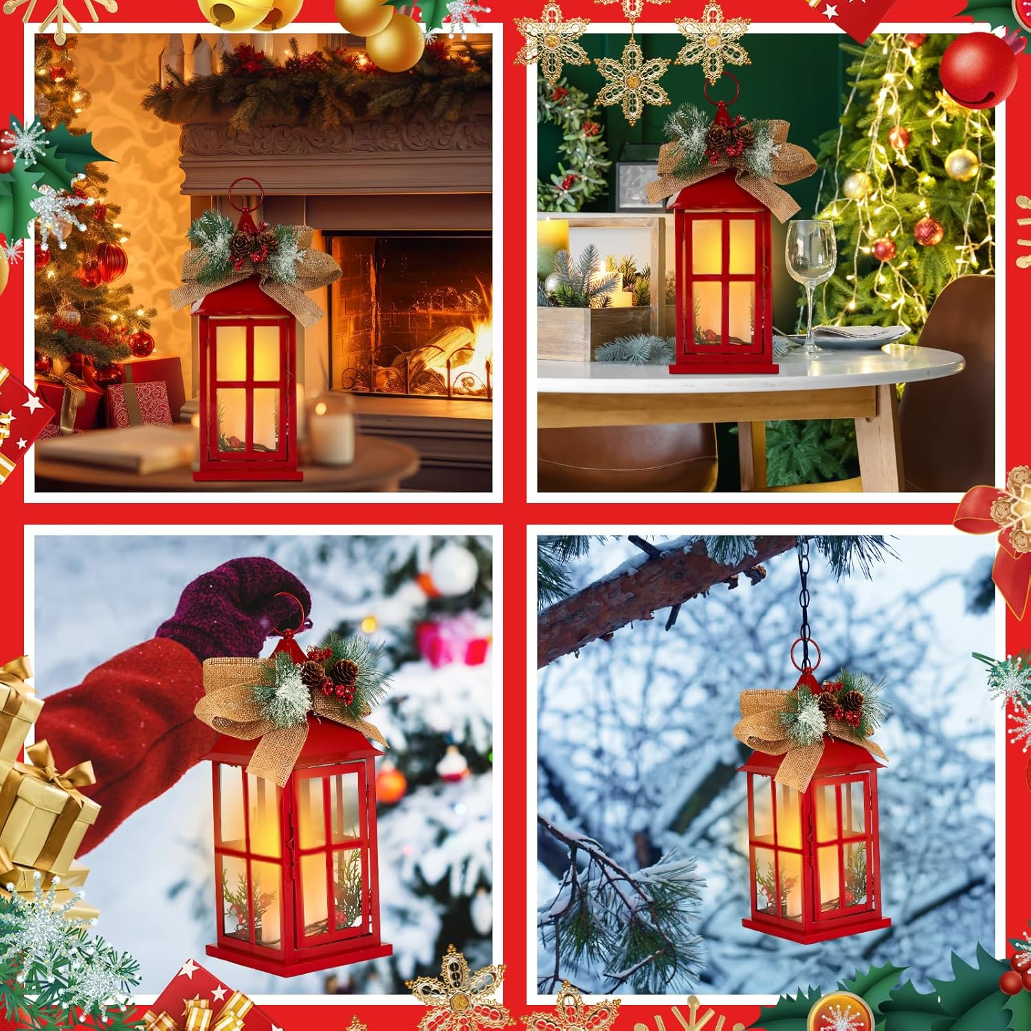 Baquler 2 Pcs Decorative Lantern Hanging with LED Candle Metal Vintage Christmas Candle Holder Xmas Ornament for Indoor Outdoor Porch Decor Holiday Party Tables Centerpieces (Red)