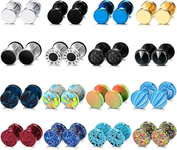 Orecchini Finti Dilatatori Acciaio Inox - 12 Paia Colorati, Flat Back