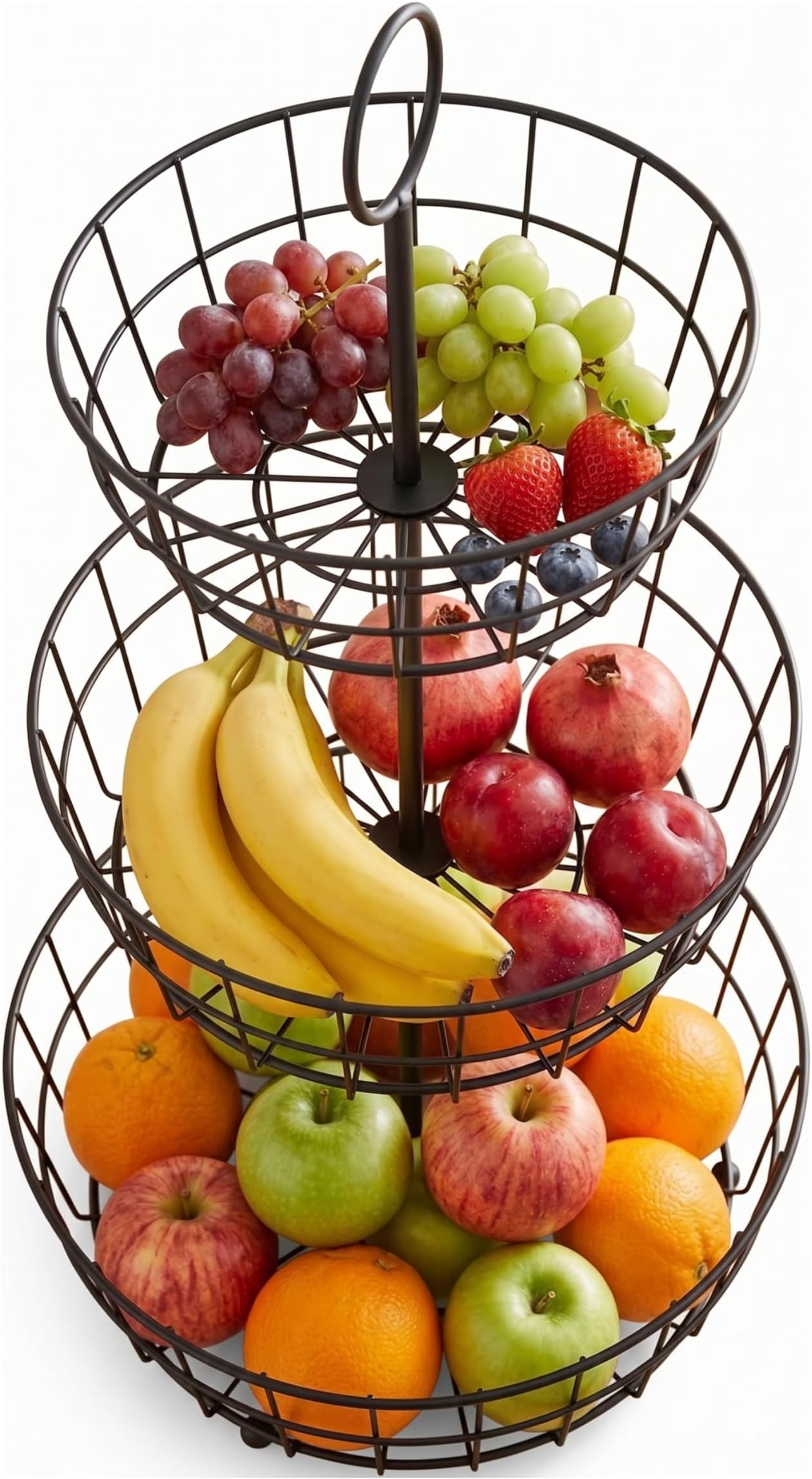 HANZE 3-Tier Wire Fruit Basket Bowl, Detachable Vegetable Bread Basket Display Storage Stand, Design for Kitchen, Bathroom Organization, Brown