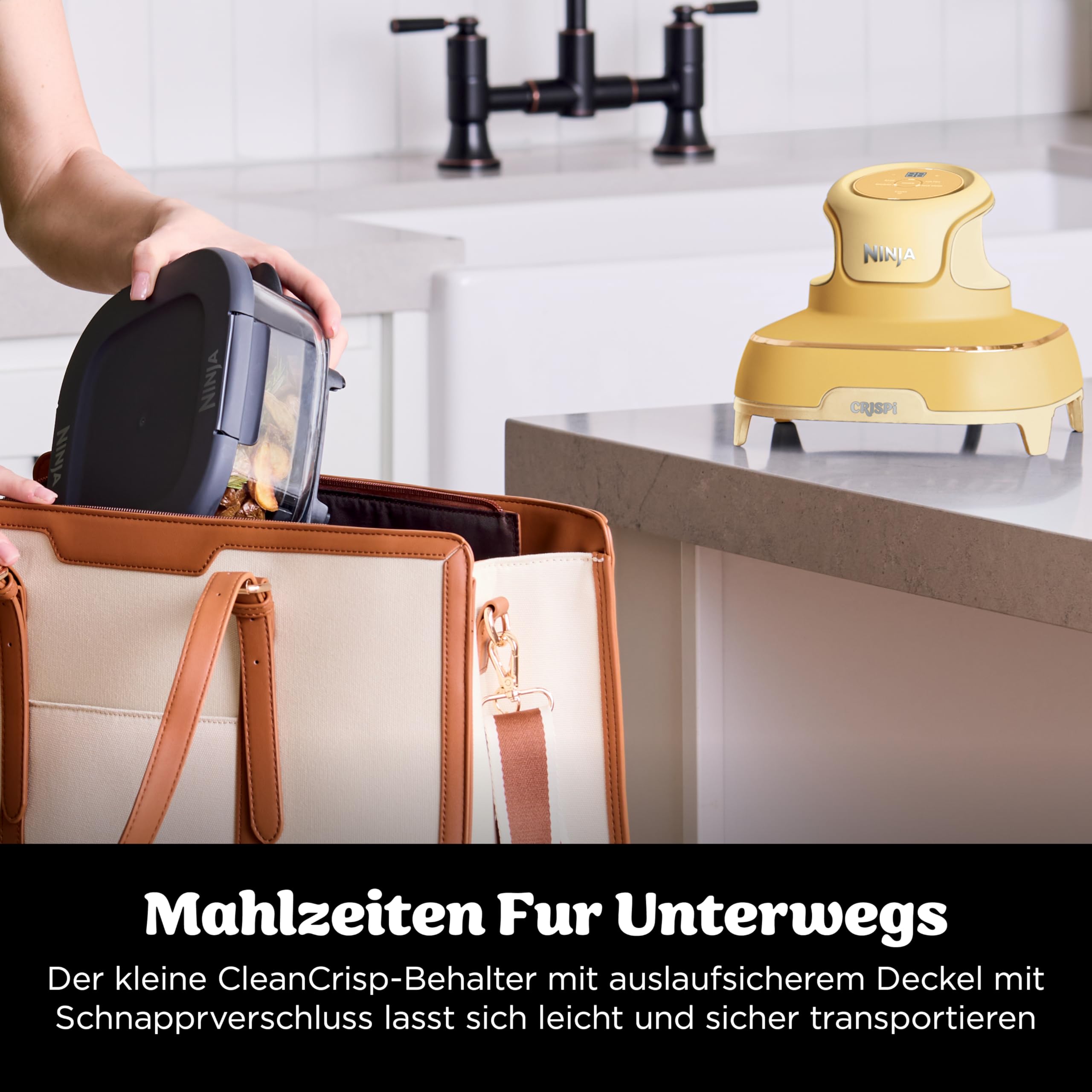 Ninja CRISPi Tragbare Heißluftfritteuse, 3,8 l & 1,4 l, 4-in-1: Heißluftfrittieren, Braten, Warmhalten, Aufknuspern, kompakt, 6 Portionen, 2 Glasbehälter & Deckel, 1700 W, Ingwerbraun FN101EUGD