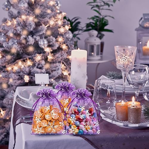 Miniatura 4 de 100 bolsas de regalo de organza con copos de nieve de Navidad de 4 x 6 pulgadas, pequeñas bolsas de malla para joyas, mini bolsas de dulces con