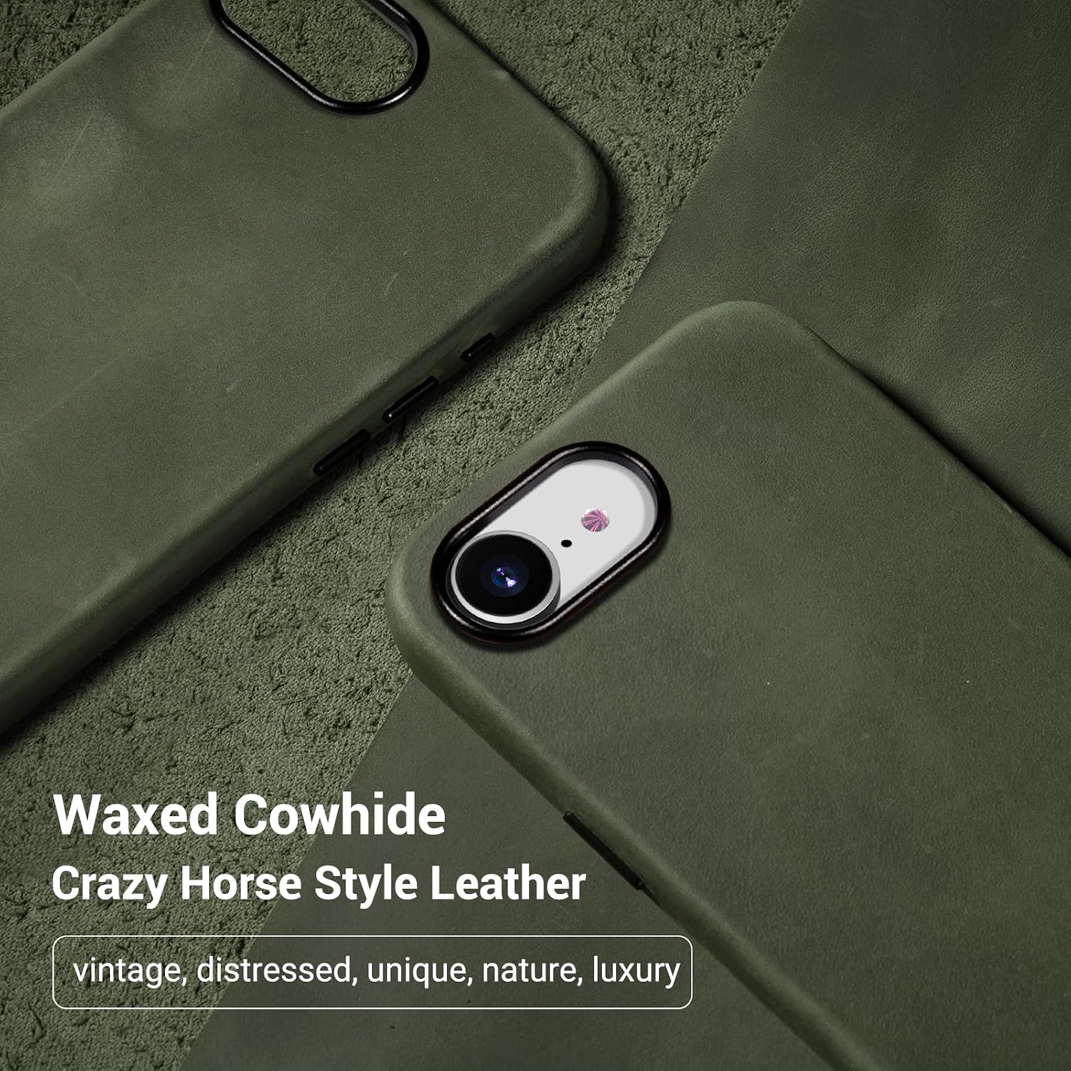 Belemay Handcrafted Crazy Horse Leather Case for iPhone 17e / iPhone 16e, Compatible with MagSafe, Vintage Aesthetic, Two-Tone Effect, Unique Patina, Metal Buttons Cover (6.1"), Pine Green