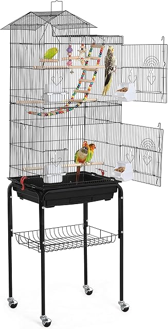 Costoffs Metal Bird Cage Large with Roof Top Parrot Cage with Rolling Stand for Budgies Cockatiels Parakeets 158cm High Black