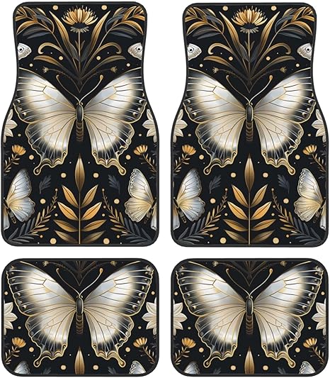 Car Floor Mats Gold Butterflies Plant Sets of 4 Pieces Non Slip Auto Mats All-Weather Front Rear Trucks Mat for SUV Car Accessories
